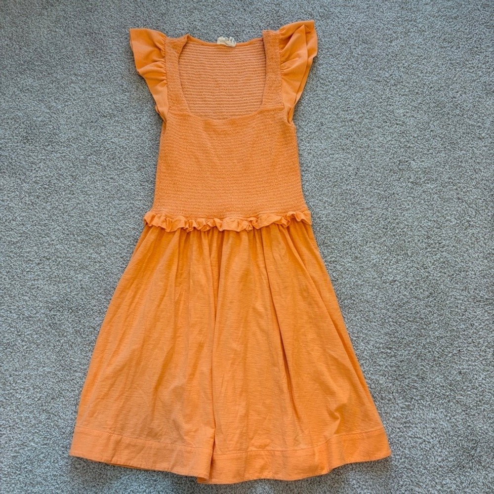 Nation LTD Ginger Smocked Mini Dress Womens S Orange Ruffle Casual Brunch Resort
